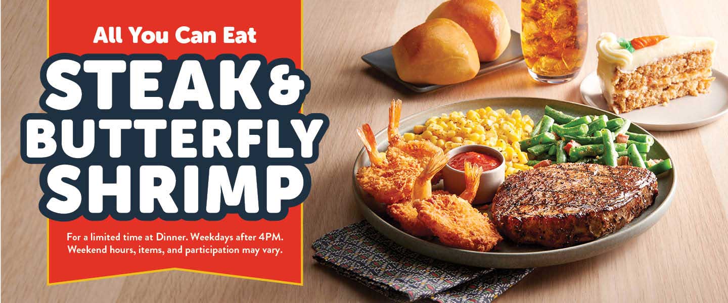 Golden corral promotional photo. Steak and butterfly shrimp all you can eat.