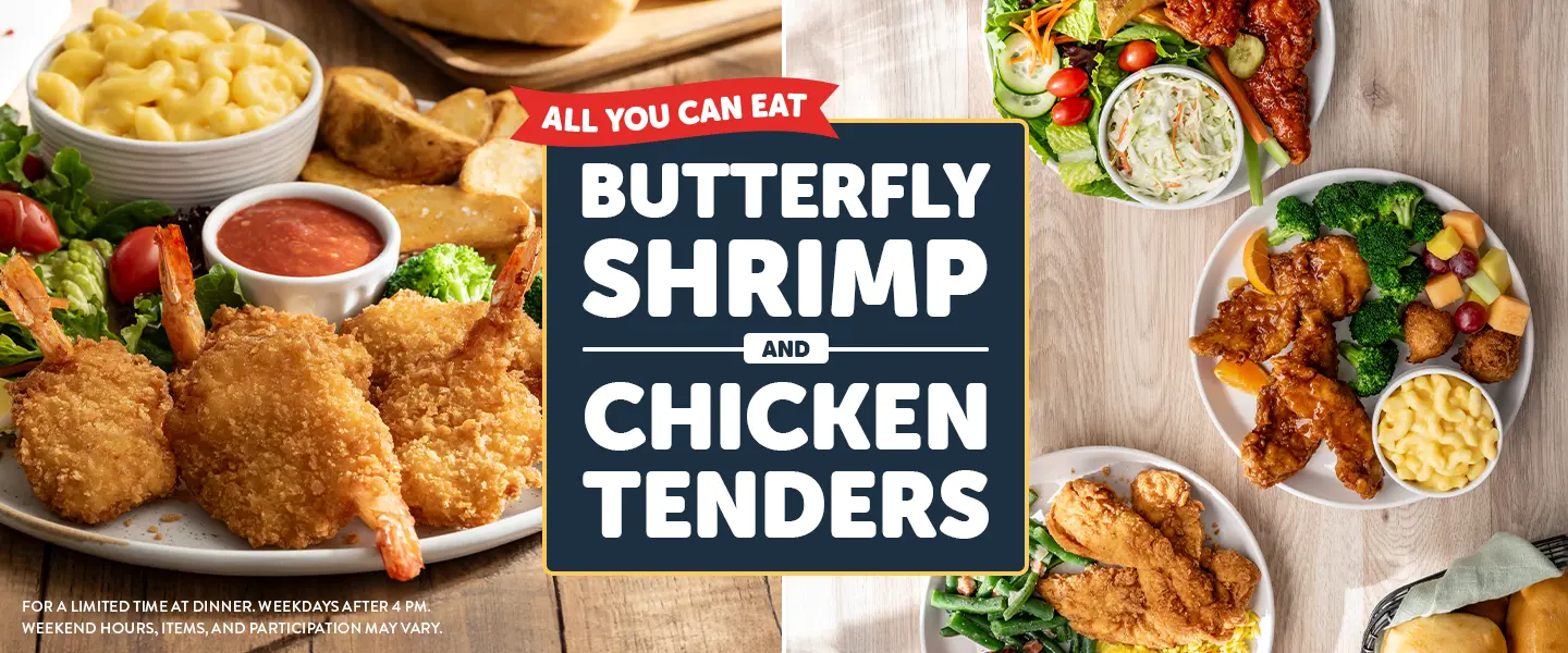 All you can eat butterfly shrimp and chicken tenders at Golden Corral