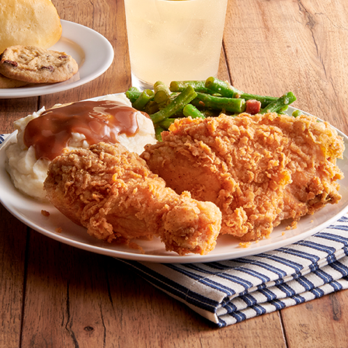 Golden Corral Favorites entrée - fried chicken, mashed potatoes with gravy and asparagus