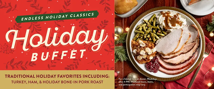 Join Golden Corral for a holiday buffet, including traditional turkey, ham, and holiday bone-in pork roast