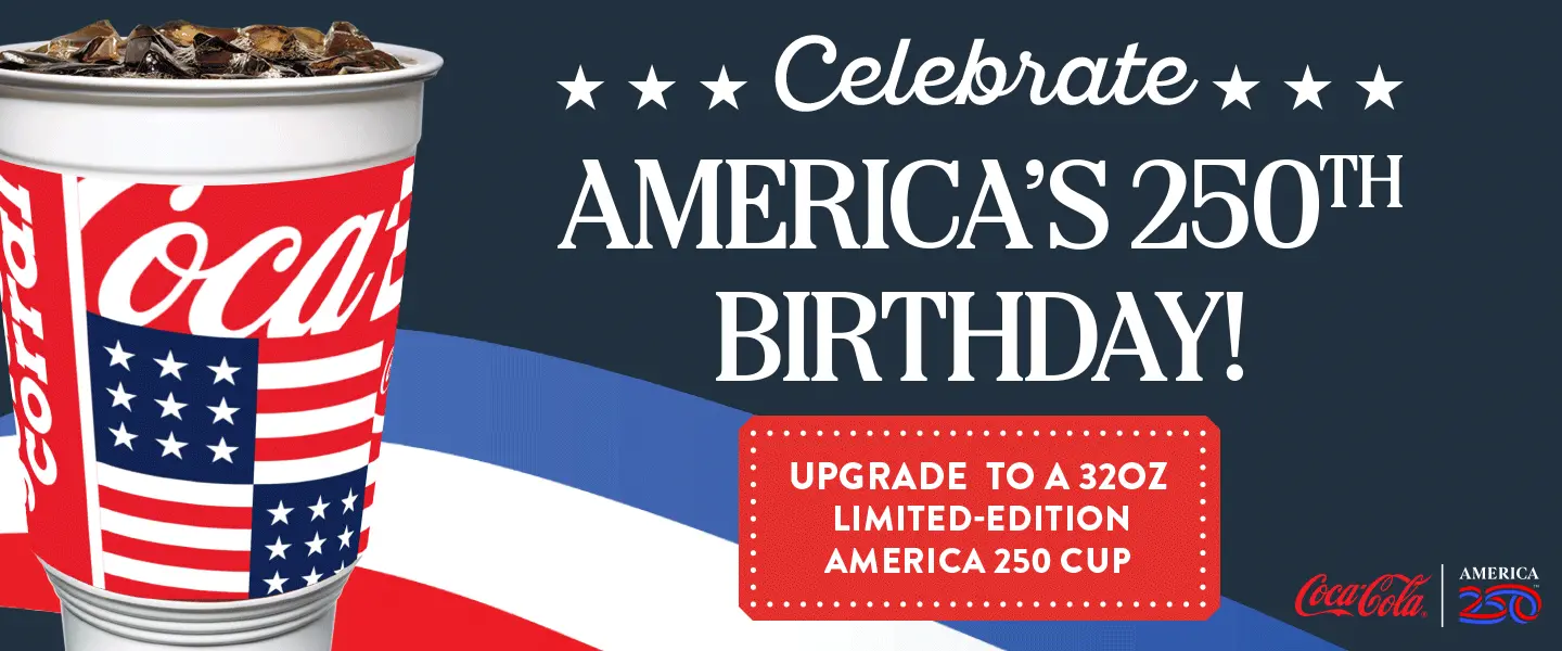 Celebrate America's 250th birthday with Golden Corral by upgrading to a 32oz limited-edition Coca Cola cup